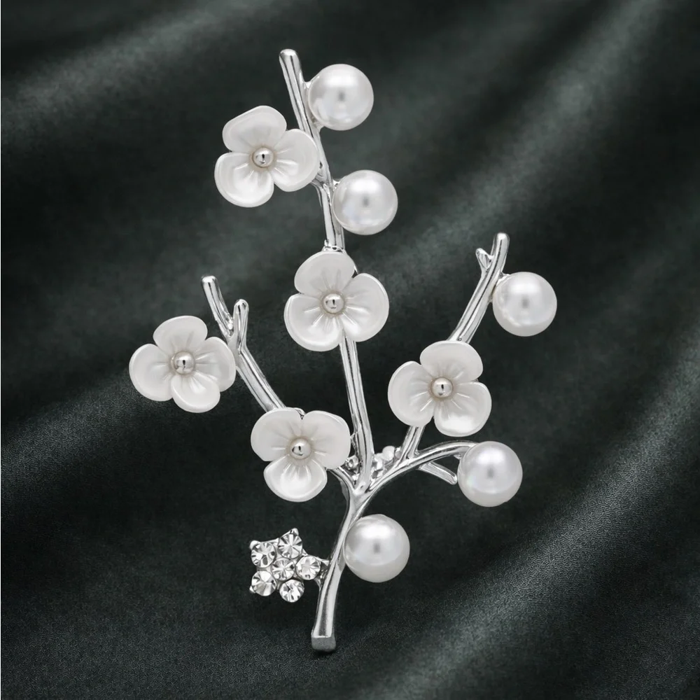 Cherry Blossom Silver Pearl Floral Brooch